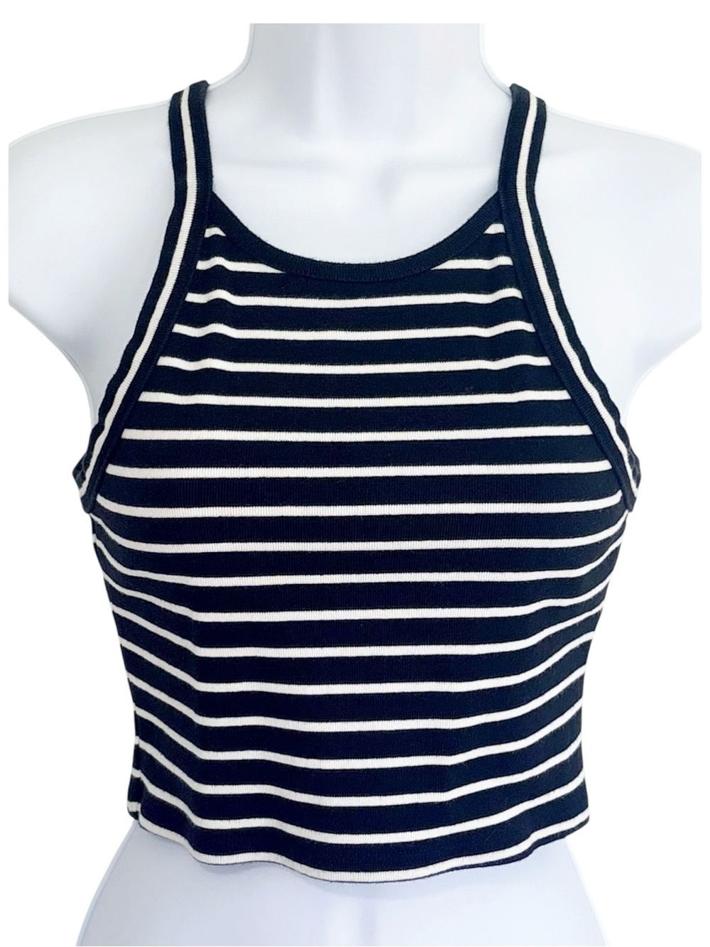 MADEWELL Black White Striped Crop Tank Top High Neck Racerback Cotton Womens S